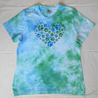 Bílo-modro-zelené dám. triko s kočičími stopami XL