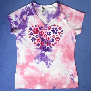 Bílo-růžovo-fialové dámské triko s kočičími stopami M