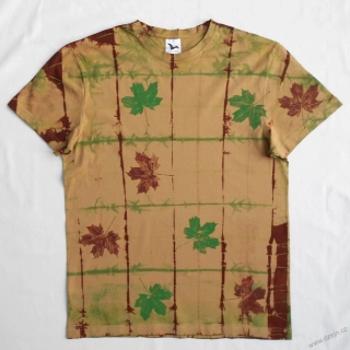 Béžovo-zeleno-hnědé batikované triko s listy L