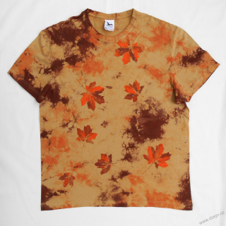 Béžovo-oranžovo-hnědé batikované triko s listy XL