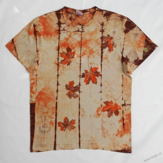 Béžovo-oranžovo-hnědé batikované triko s listy L