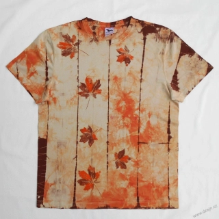 Béžovo-oranžovo-hnědé batikované triko s listy XL