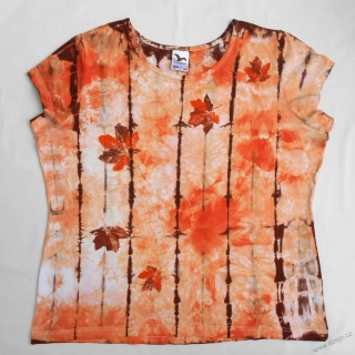 Bílo-oranžovo-hnědé batikované dámské triko s listy 3XL