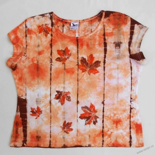 Bílo-oranžovo-hnědé batikované dámské triko s listy XXL