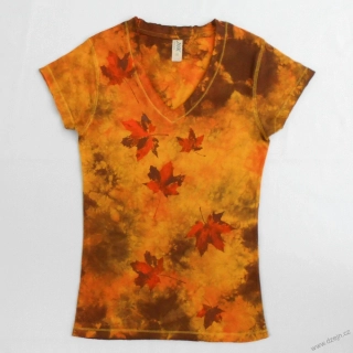 Žluto-oranžovo-hnědé batikované dámské triko s listy M