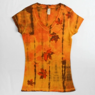 Žluto-oranžovo-hnědé batikované dámské triko s listy S