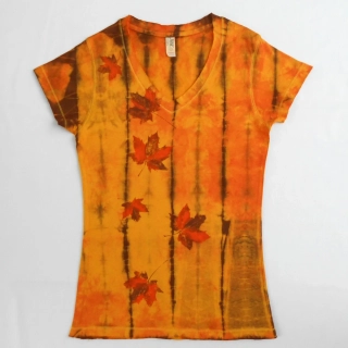 Žluto-oranžovo-hnědé batikované dámské triko s listy L