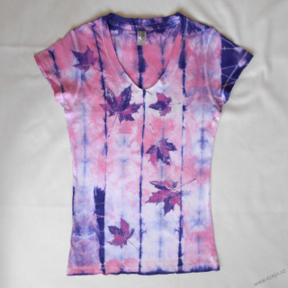 Bílo-růžovo-fialové dámské triko s listy S