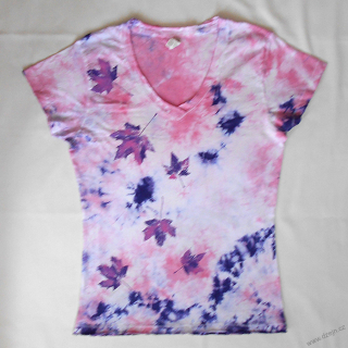 Bílo-růžovo-fialové dámské triko s listy XL