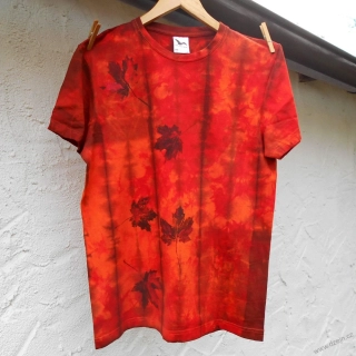 Oranžovo-červeno-hnědé batikované triko s listy L