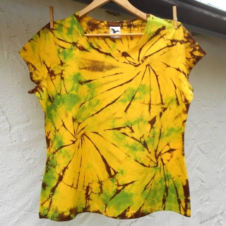 Žluto-zeleno-hnědé batikované dámské triko XXL