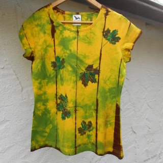 Žluto-zeleno-hnědé dámské triko s listy L