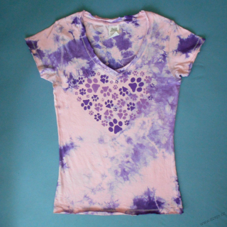 Růžovo-fialové dámské triko s kočičími stopami S