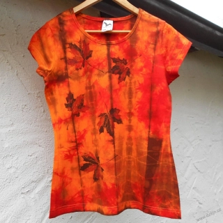 Oranžovo-červeno-hnědé dámské triko s listy M