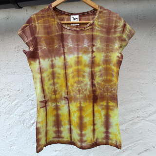 Bílo-hnědo-žlutozelené batikované dámské triko M