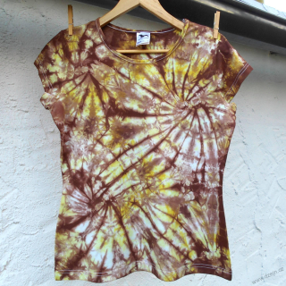 Bílo-hnědo-žlutozelené batikované dámské triko L