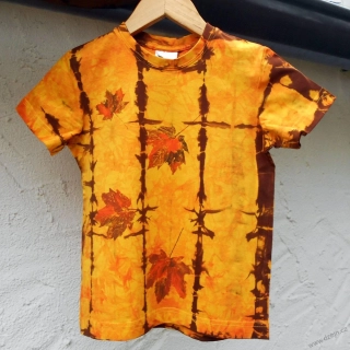 Žluto-oranžovo-hnědé dětské triko s listy (6 let)