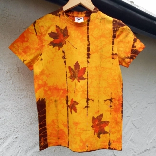 Žluto-oranžovo-hnědé dětské triko s listy (10 let)