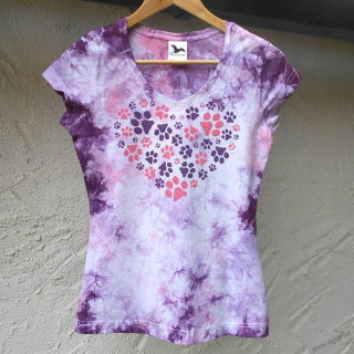 Bílo-rožovo-fialové dámské triko s kočičími stopami S