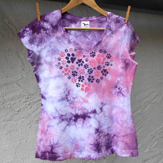 Bílo-rožovo-fialové dámské triko s kočičími stopami L