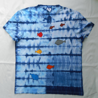 Modré batikované tričko s rybami L