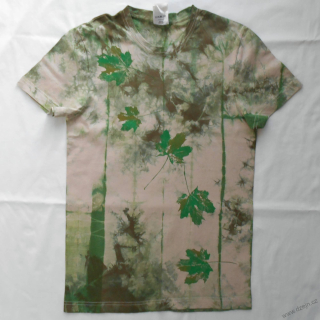 Béžovo-zeleno-olivové batikované triko s listy S