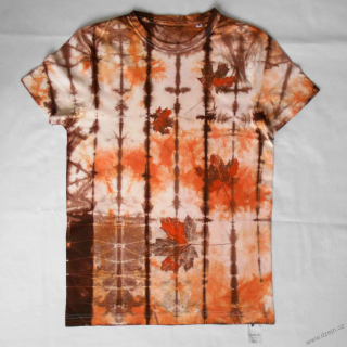 Bílo-oranžovo-hnědé batikované triko s listy S