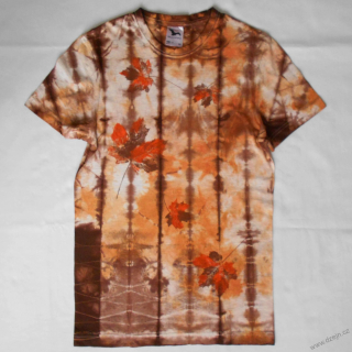 Šedo-oranžovo-hnědé batikované triko s listy XS