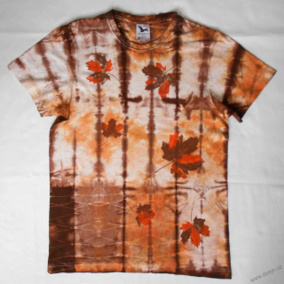 Šedo-oranžovo-hnědé batikované triko s listy S