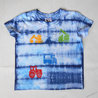 Bílo-modré dětské tričko s traktory a bagrem (4 roky)
