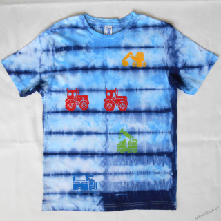 Bílo-modré dětské tričko s traktory a bagrem (7-8 let)